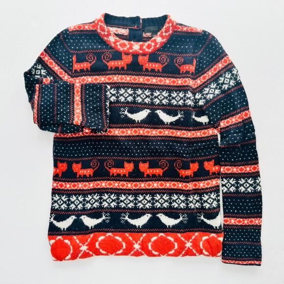 J. Crew Fair Isle Cat & Bird Crewneck Sweater Size XS Navy Orange Wool Fall - Picture 1 of 5